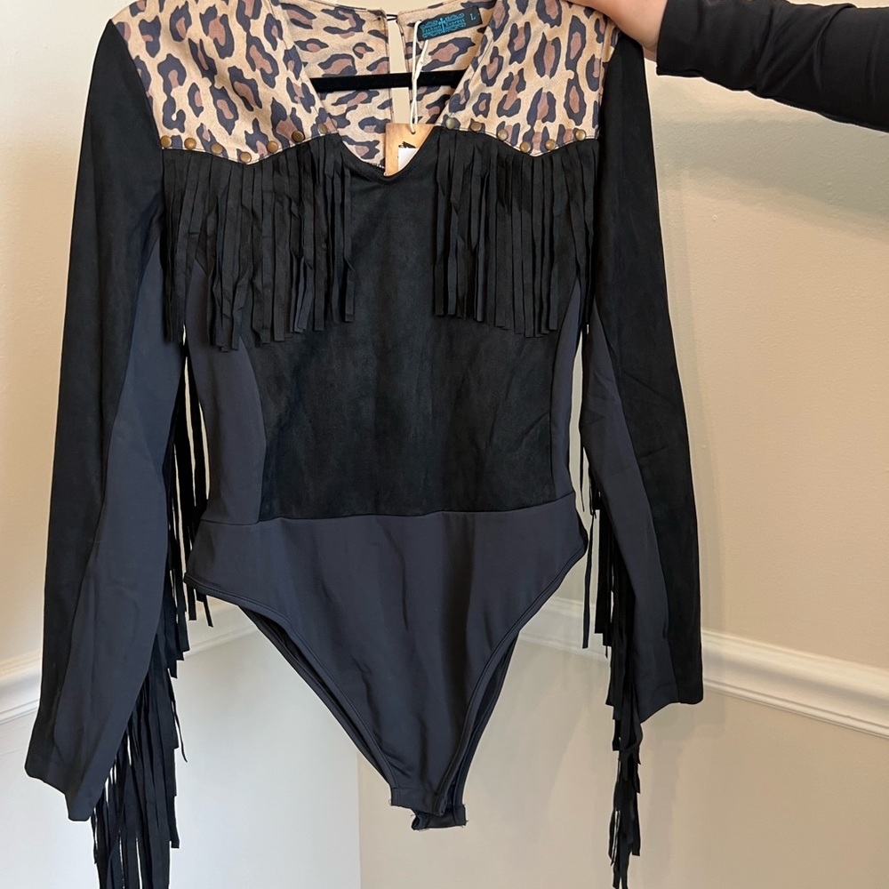 Black and Leopard Fringe Bodysuit